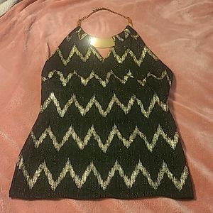 Papaya brand black blouse with gold patterns and removable gold necklace